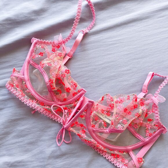 For Love and Lemons • Floral Pink Lace Love Bouquet Sheer Embroidered Bra • M - Picture 2 of 13